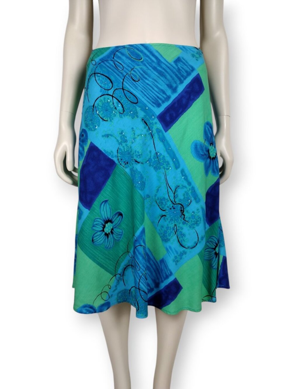 Vintage Y2K Key Lime Pie Rayon Blue Green Sequined Tropical Bias Skirt Size L